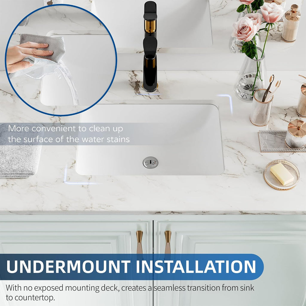 White Porcelain Rectangular Undermount Bathroom Sink