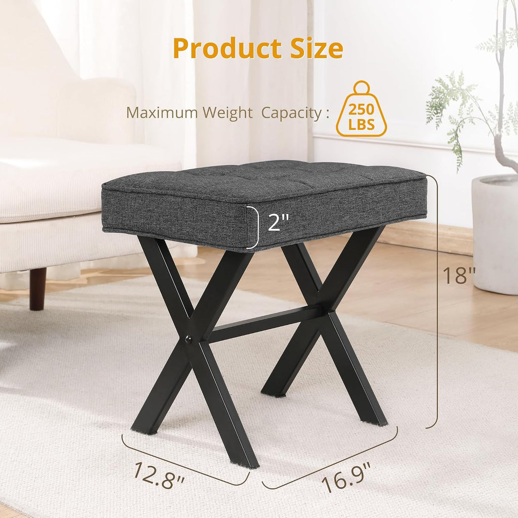 Carbon Gray Linen Square Metal Leg Vanity Stool