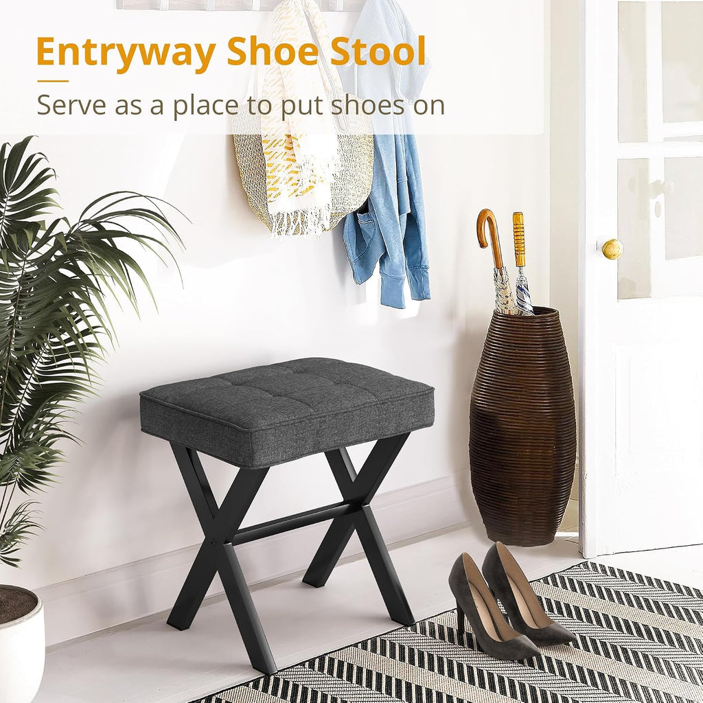 Carbon Gray Linen Square Metal Leg Vanity Stool