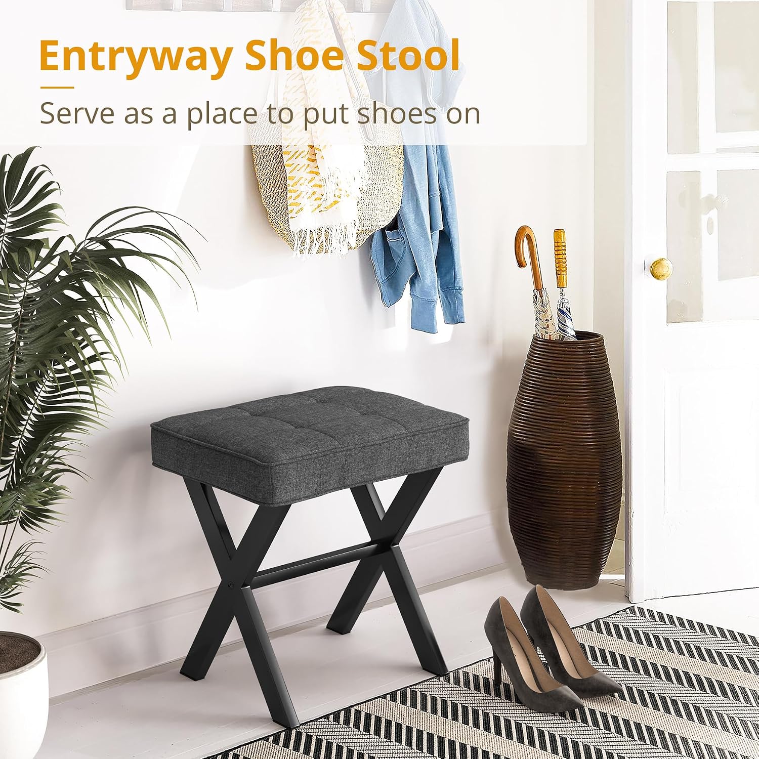 Carbon Gray Linen Square Metal Leg Vanity Stool