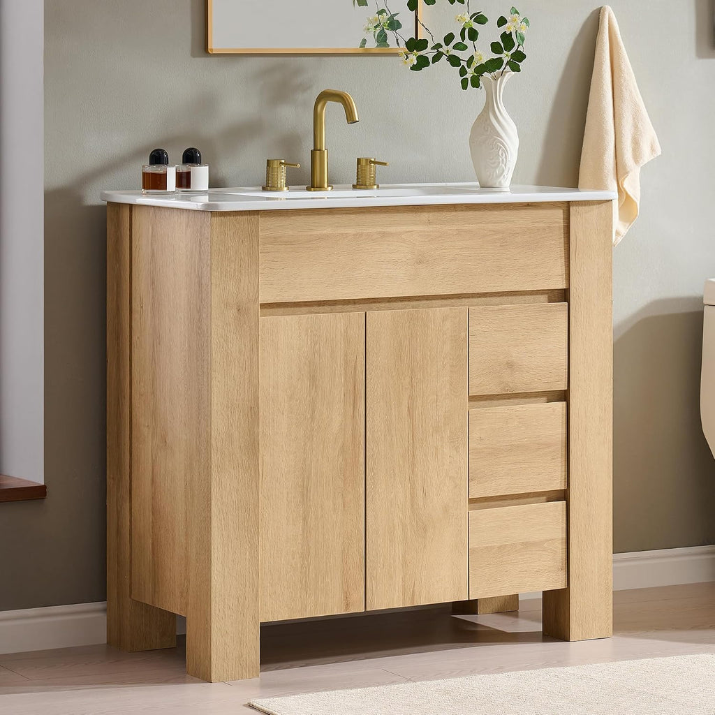 Oak 36 Inch Handle Free Bathroom Vanity