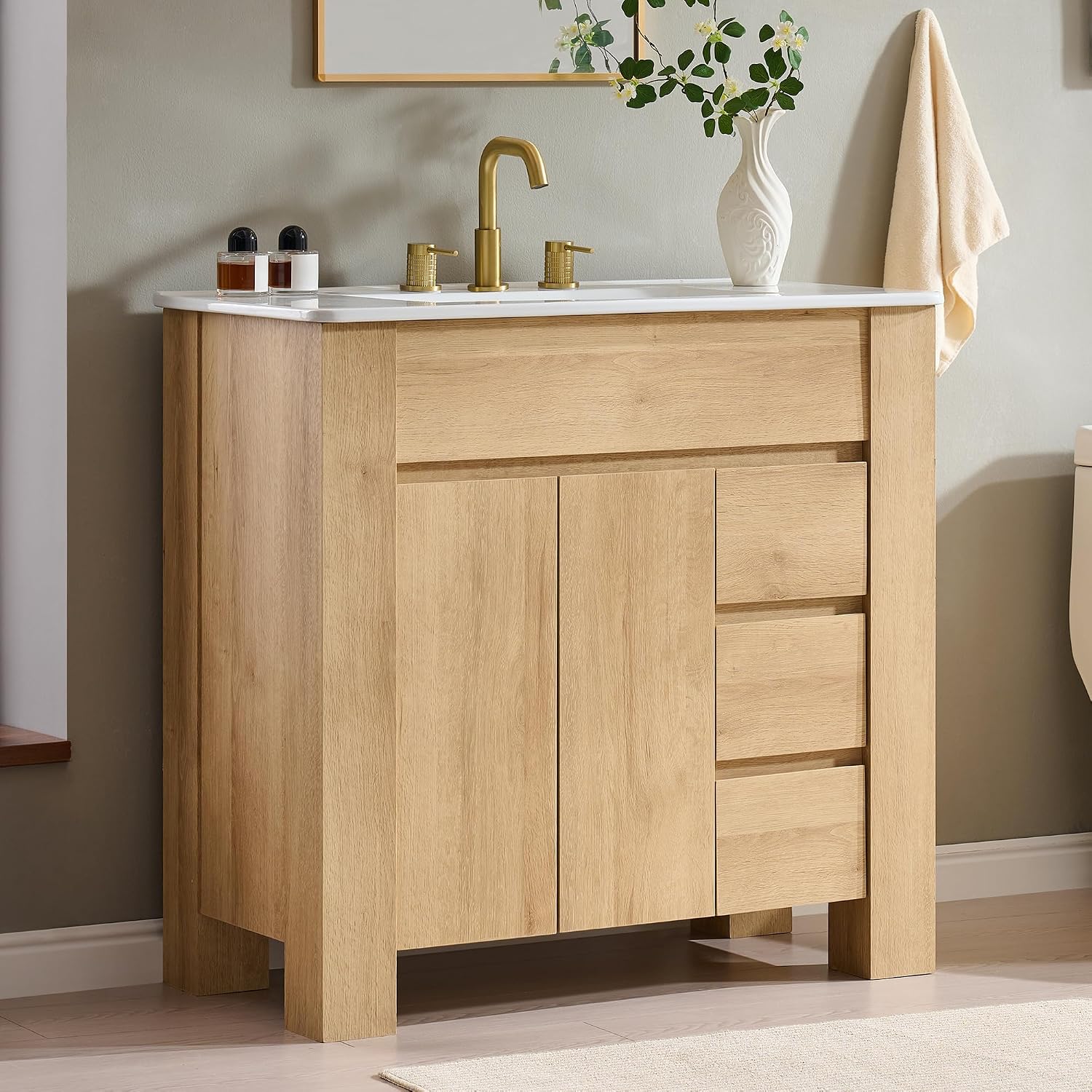 Oak 36 Inch Handle Free Bathroom Vanity