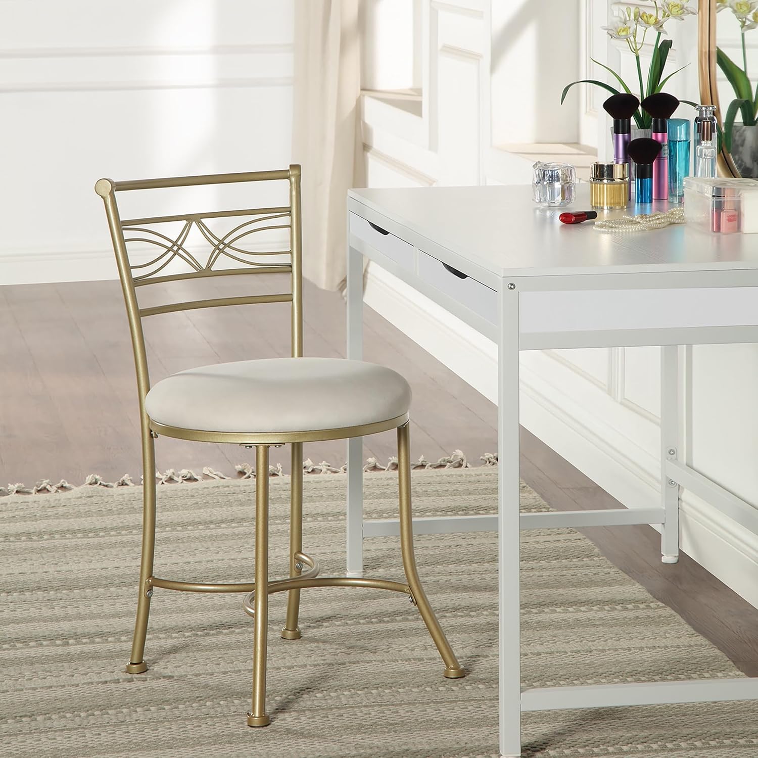 Gold Iron White Cushioned Art Vanity Stool