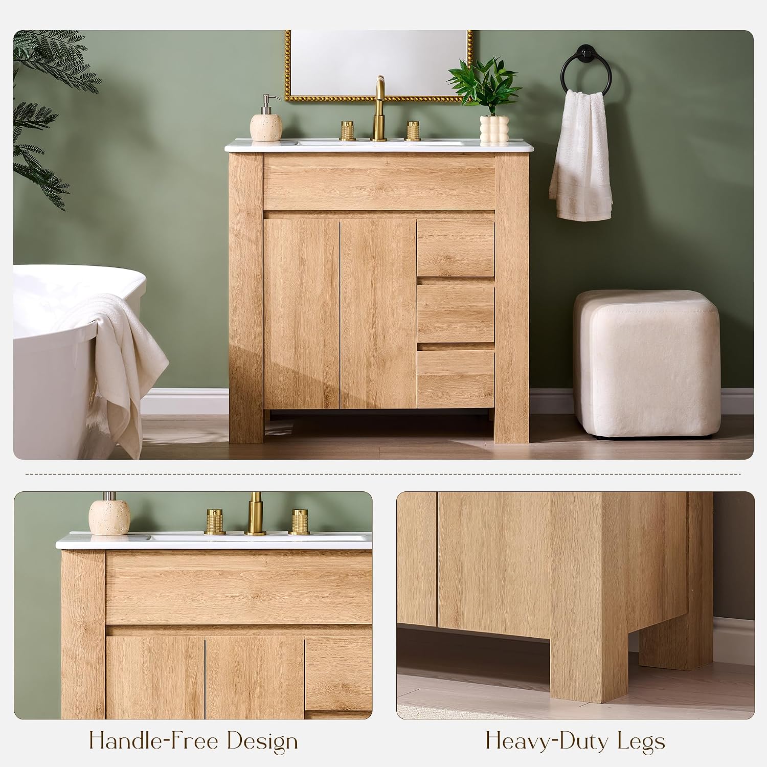 Oak 36 Inch Handle Free Bathroom Vanity