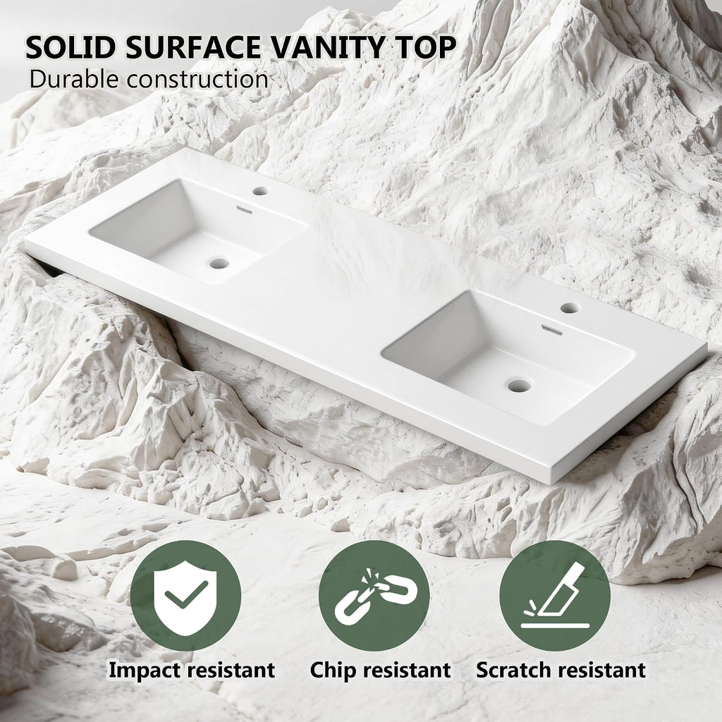 White Double Sink Solid Surface Vanity Top
