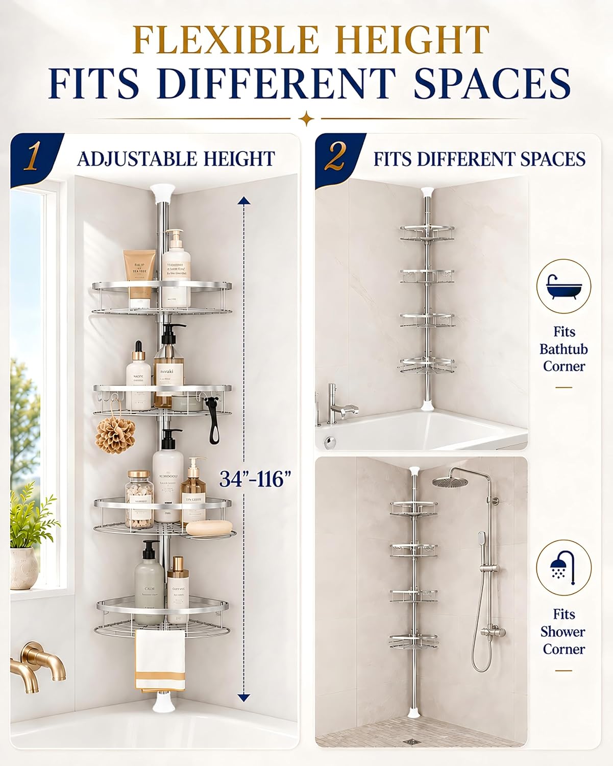 Silver Tension Pole 4 Tier Shower Corner Caddy