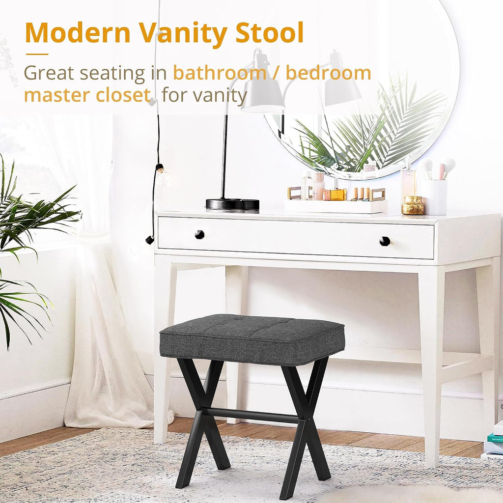 Carbon Gray Linen Square Metal Leg Vanity Stool