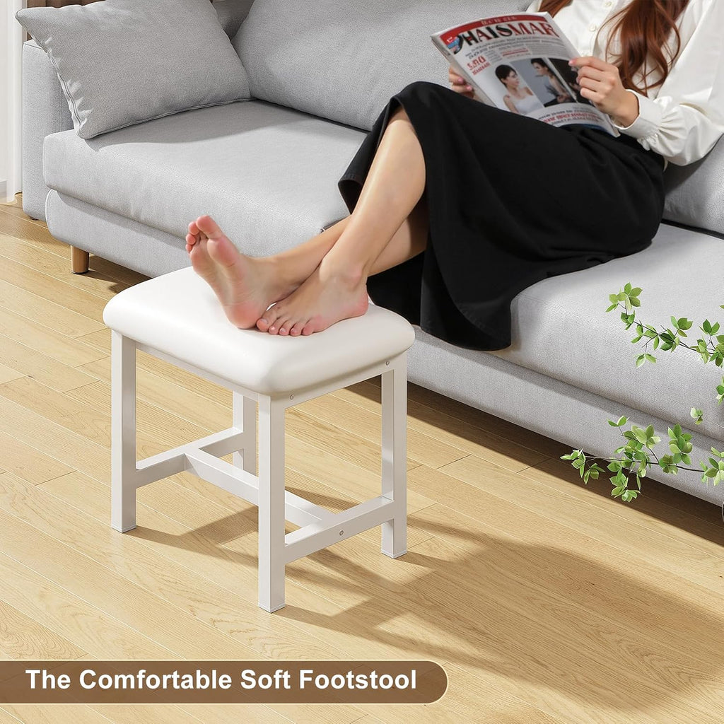 White Leather Cushioned Bedroom Vanity Stool