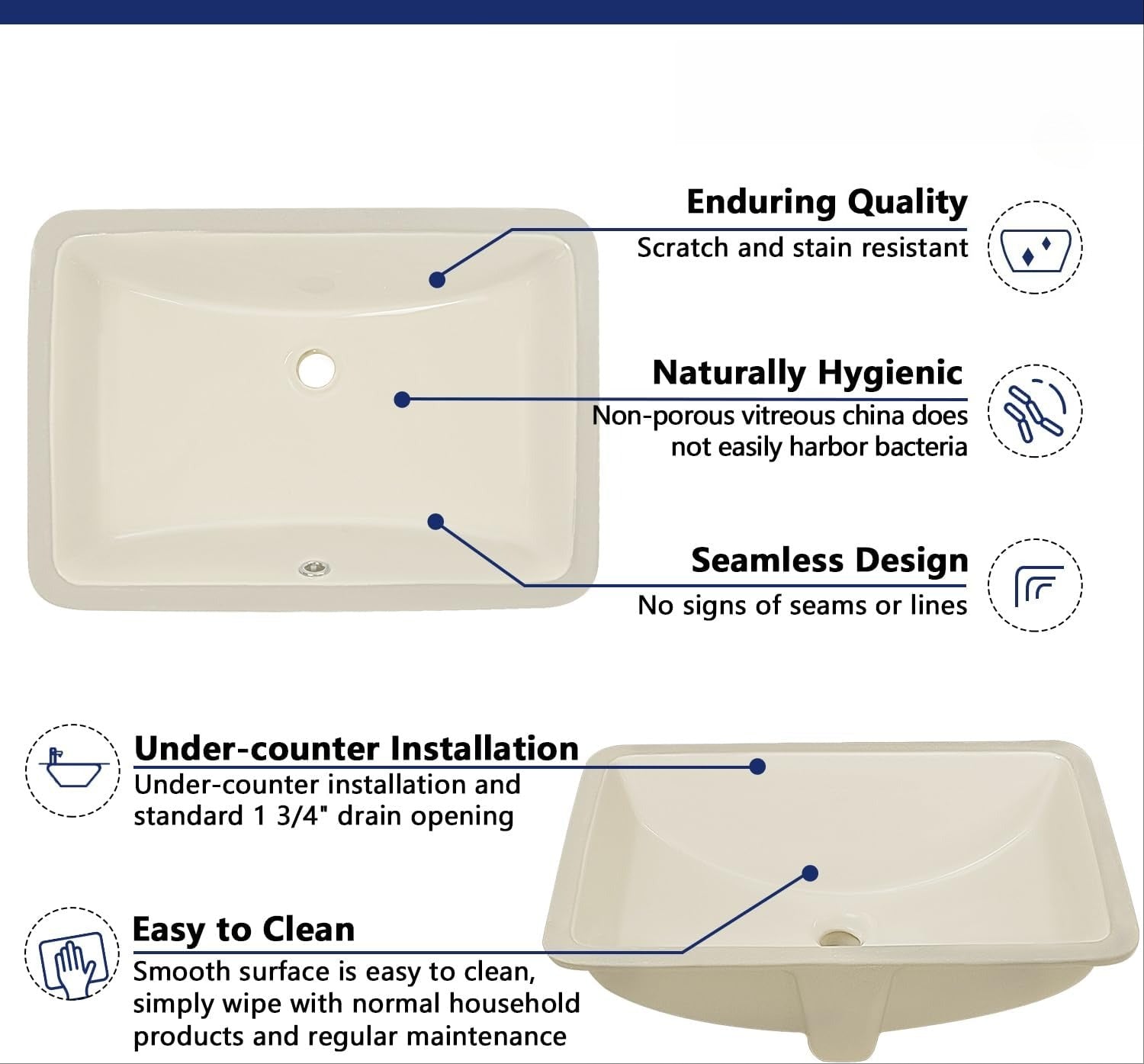 Bone Ceramic Rectangular Undermount Bathroom Sink