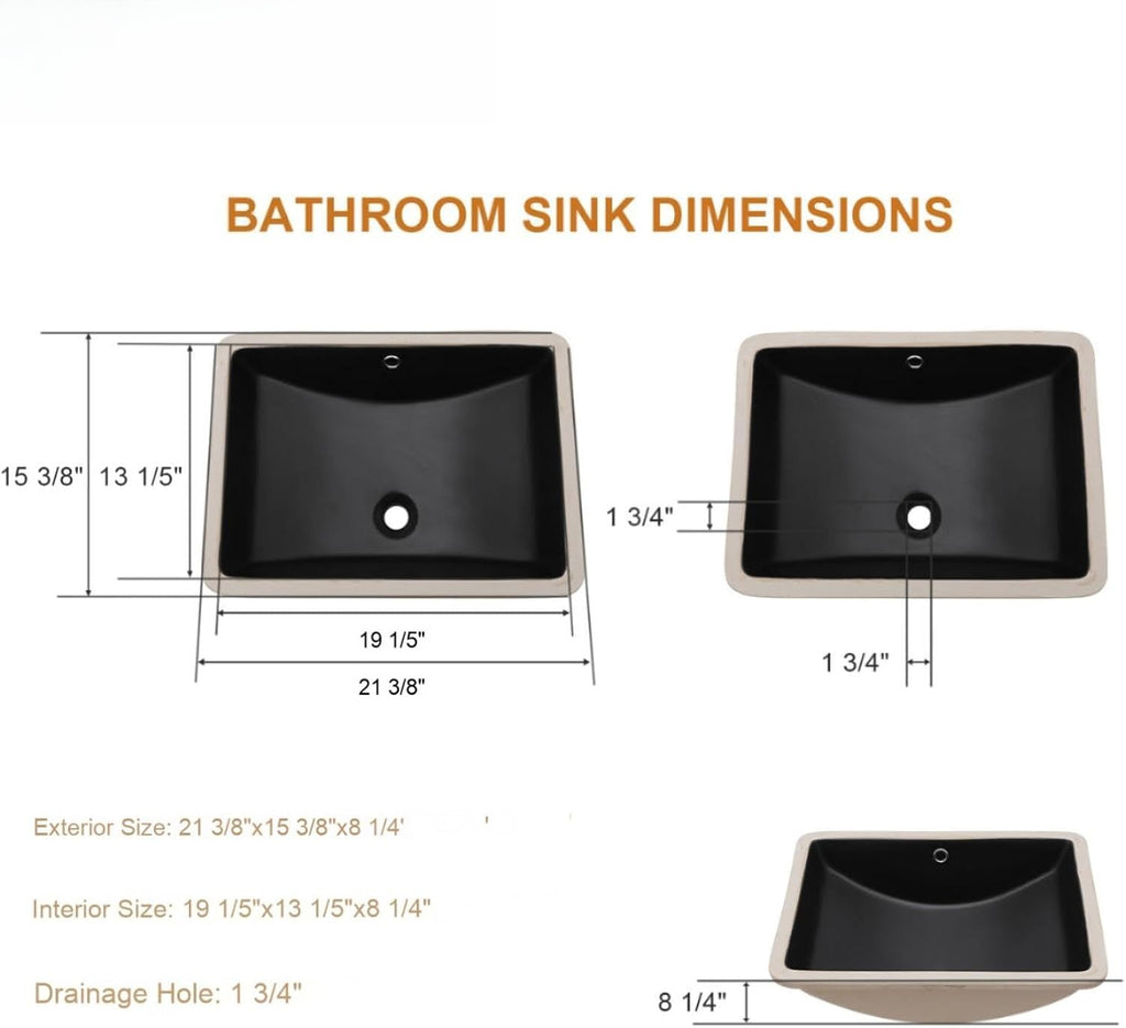 Black Ceramic Rectangular Undermount Bathroom Sink