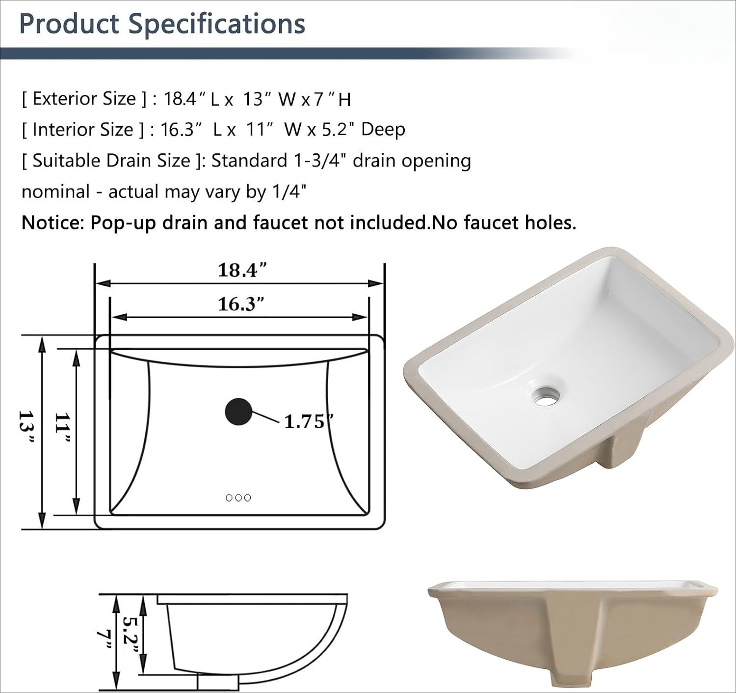 White Ceramic Rectangular Undermount Bathroom Sink